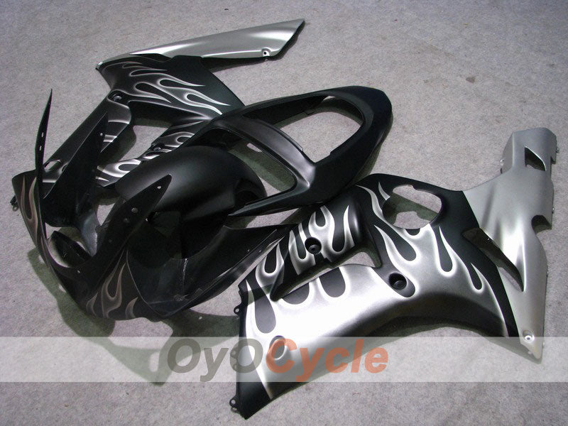 Verkleidungssatz für Einspritzermodelle für 03-04 NINJA ZX-6R - Schwarz, Silber - Flammen #OYO87901800 Hauptbild