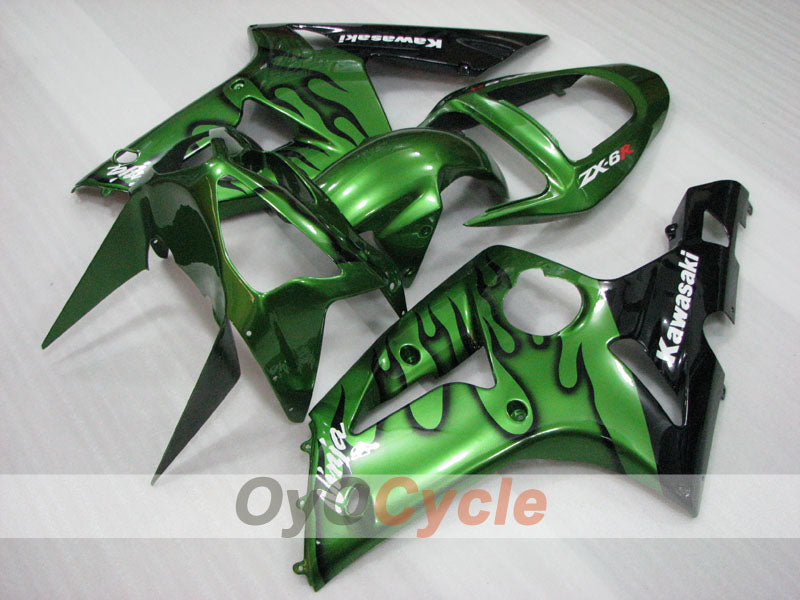Einspritzverkleidungssatz für 03-04 NINJA ZX-6R - Grün, Schwarz - Flammenmuster #OYO87906038