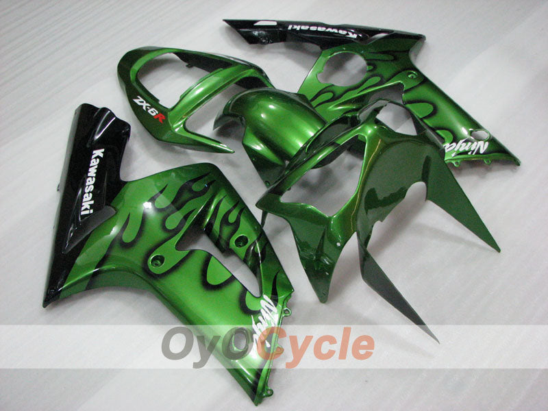 Einspritzverkleidungssatz für 03-04 NINJA ZX-6R - Grün, Schwarz - Flammenmuster #OYO87906038 Hauptbild
